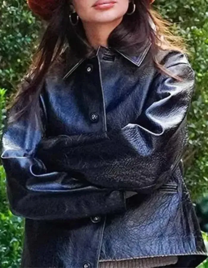Emily Ratajkowski New York City Black Leather Jacket Emily Ratajkowski New York City Black Leather Jacket