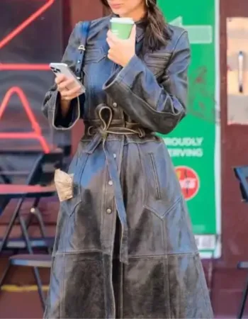 Emily Ratajkowski NYC Street 2023 Brown Leather Coat