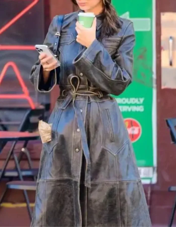 Emily Ratajkowski NYC Street 2023 Brown Leather Coat