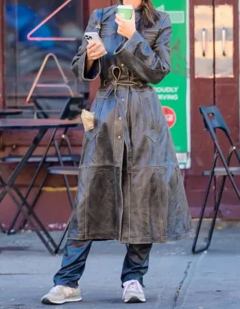 Emily Ratajkowski NYC Street 2023 Brown Leather Coat Emily Ratajkowski NYC Street 2023 Brown Leather Coat