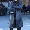 Emily Ratajkowski Black Leather Trench Coat