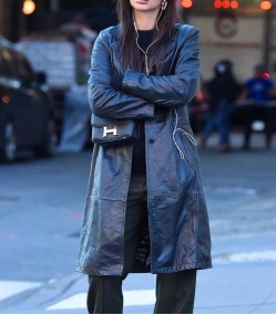 Emily Ratajkowski Black Leather Trench Coat