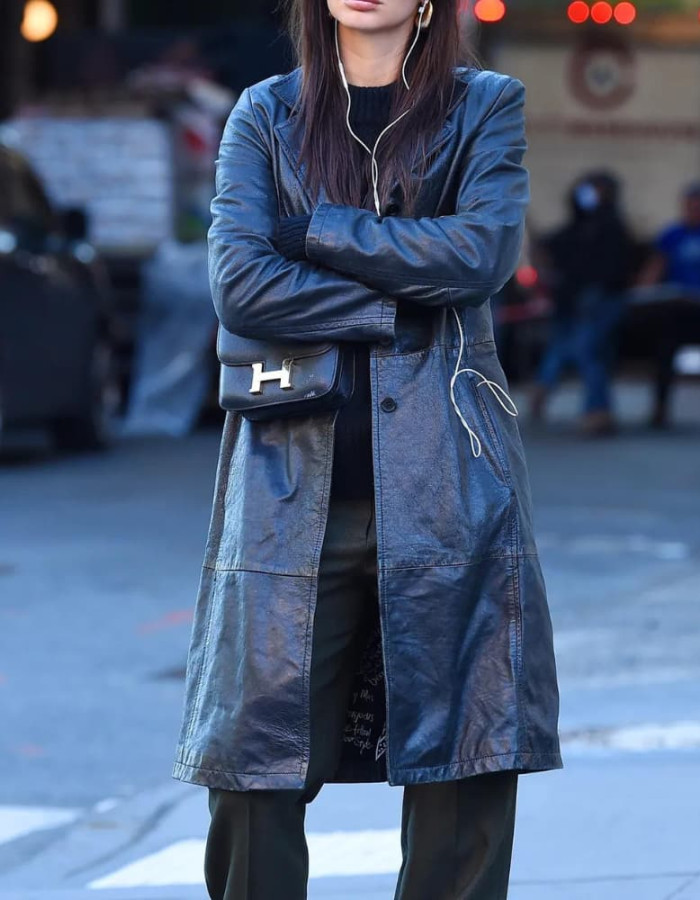 Emily Ratajkowski Black Leather Trench Coat Emily Ratajkowski Black Leather Trench Coat