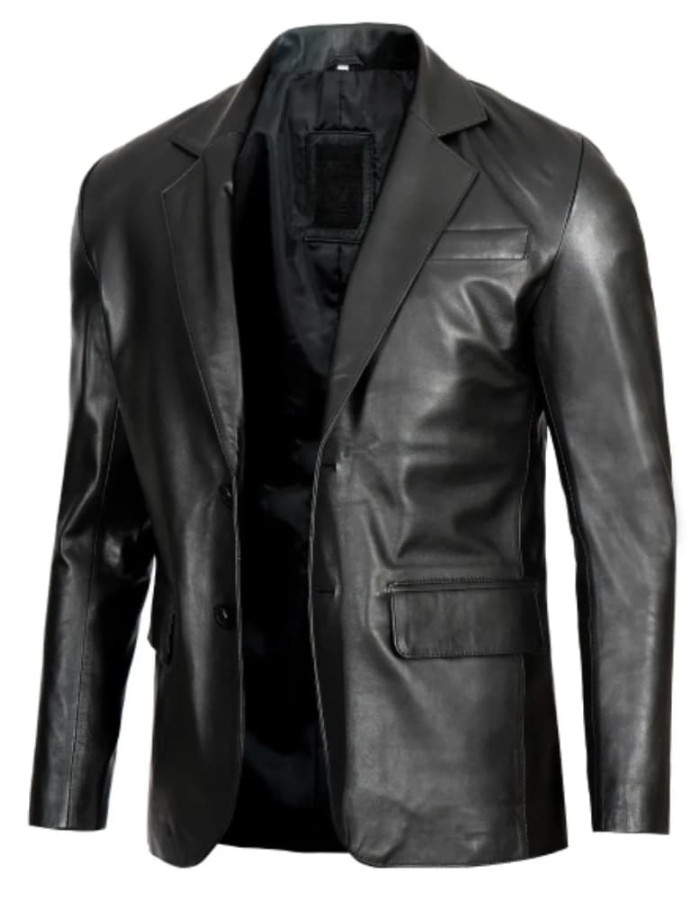 Glendale Mens Black Leather Stylish Two Button Blazer 