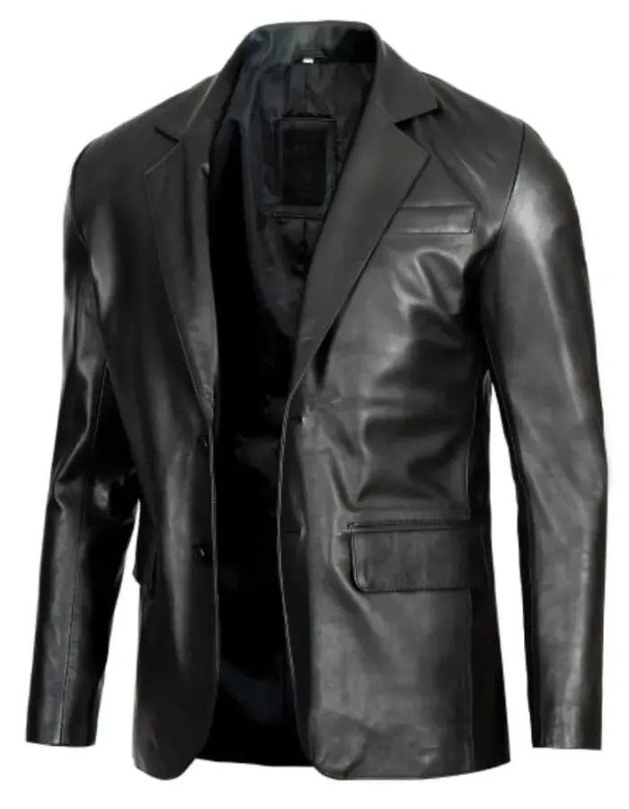 Glendale Mens Black Leather Stylish Two Button Blazer Glendale Mens Black Leather Stylish Two Button Blazer