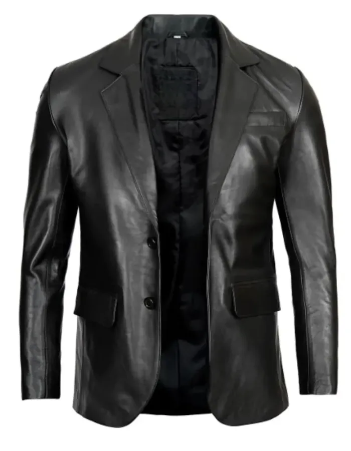 Glendale Mens Black Leather Stylish Two Button Blazer Glendale Mens Black Leather Stylish Two Button Blazer