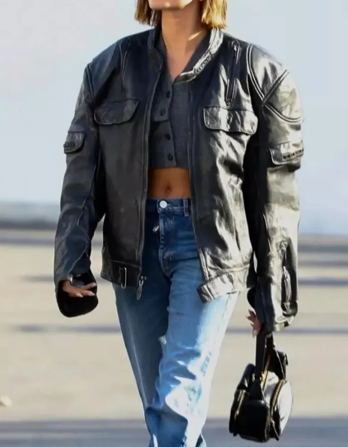 Hailey Bieber Oversized Black Leather Jacket Hailey Bieber Oversized Black Leather Jacket