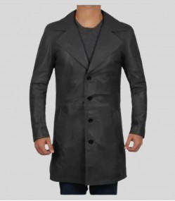 Jackson Mens Wide Lapel Black Leather Trench Coat