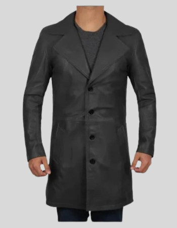 Jackson Mens Wide Lapel Black Leather Trench Coat