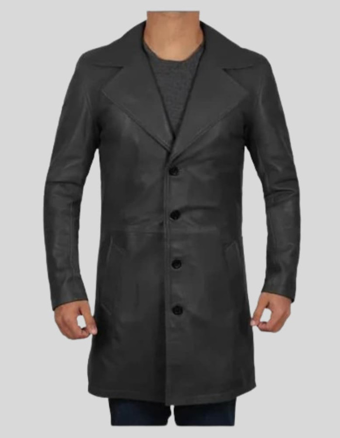 Jackson Mens Wide Lapel Black Leather Trench Coat