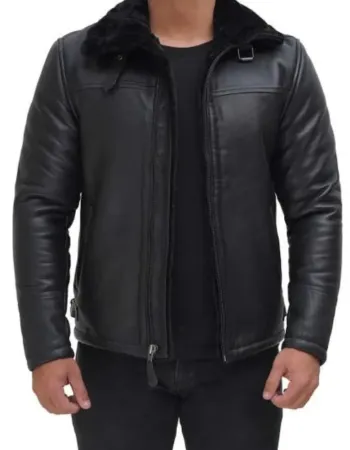 Fernando Black Shearling Collar Leather Trucker Jacket