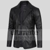 Men's Notch Lapel Padded Black Leather Coat