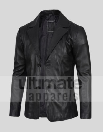 Men's Notch Lapel Padded Black Leather Coat