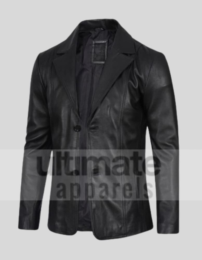 Men's Notch Lapel Padded Black Leather Coat