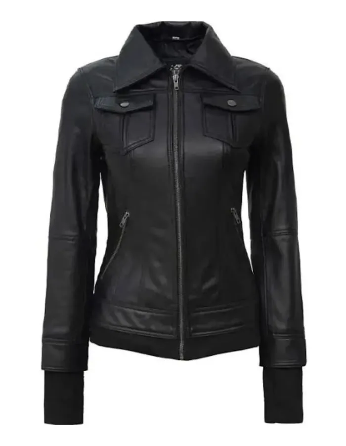 The Celeste Black Bomber Womens Leather Jacket The Celeste Black Bomber Womens Leather Jacket