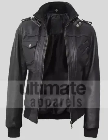 Women's Black Biker Leather Bomber Jacket