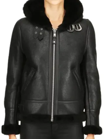 Grace Womens Hooded Black Leather Shearling Jacket