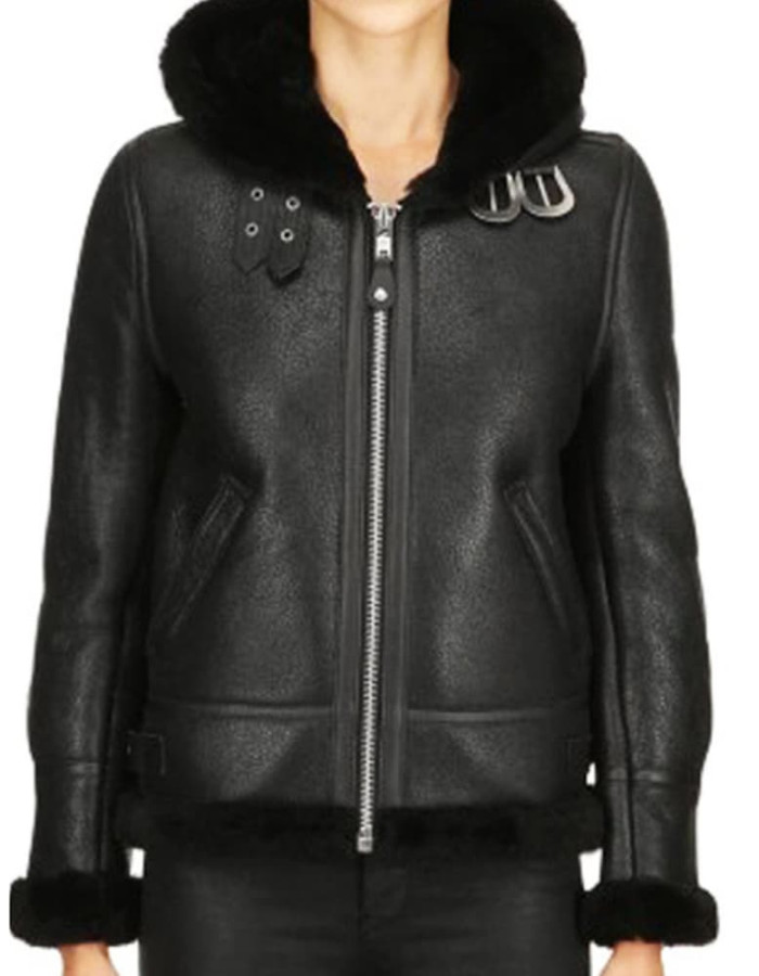 Grace Womens Hooded Black Leather Shearling Jacket