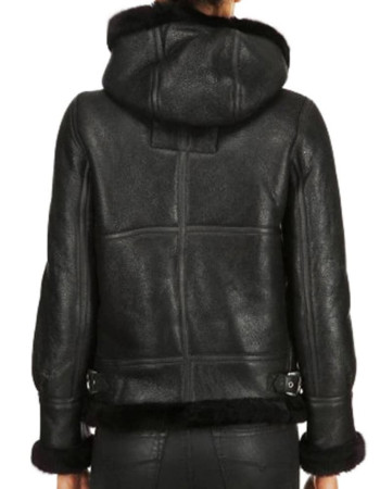 Grace Womens Hooded Black Leather Shearling Jacket