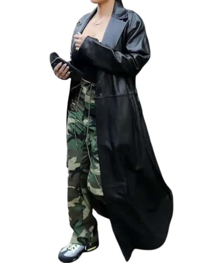 Kim Kardashian Black Leather Long Coat