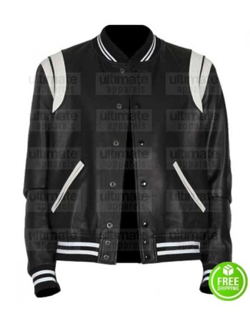 BLACK AND WHITE LEATHER VARSITY LETTERMAN JACKET