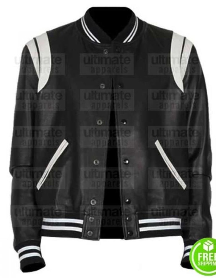 BLACK AND WHITE LEATHER VARSITY LETTERMAN JACKET