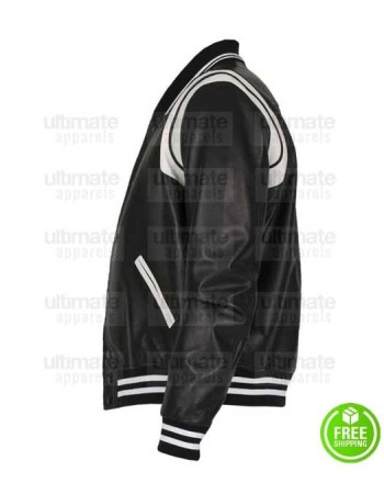 BLACK AND WHITE LEATHER VARSITY LETTERMAN JACKET BLACK AND WHITE LEATHER VARSITY LETTERMAN JACKET