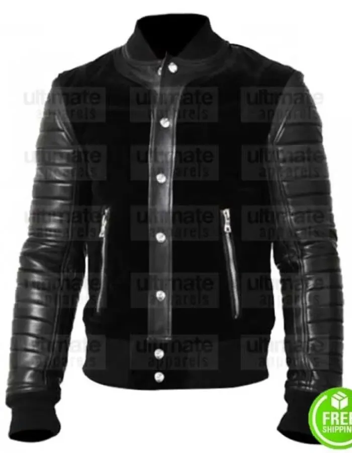 BLACK SUEDE WITH COWHIDE SLEEVES LEATHER BOMBER JACKET