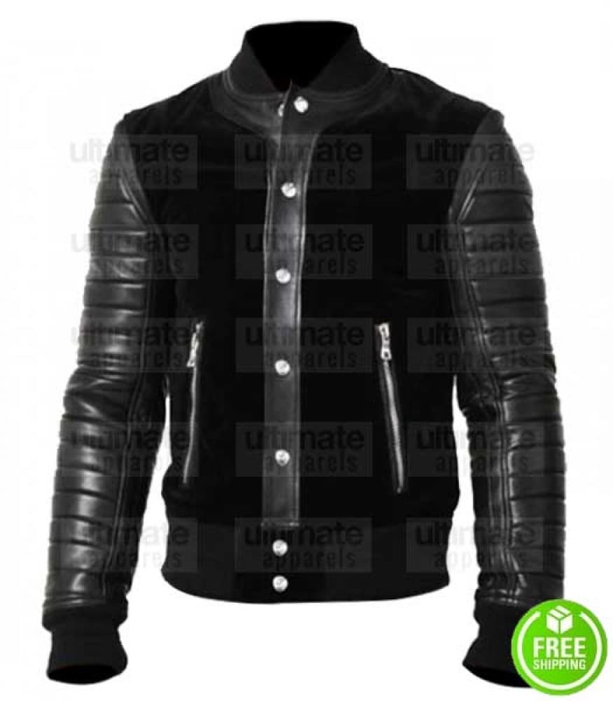 BLACK SUEDE WITH COWHIDE SLEEVES LEATHER BOMBER JACKET