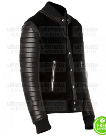 BLACK SUEDE WITH COWHIDE SLEEVES LEATHER BOMBER JACKET
