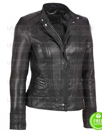 LADIES BLACK MOTORCYCLE BIKER LEATHER JACKET