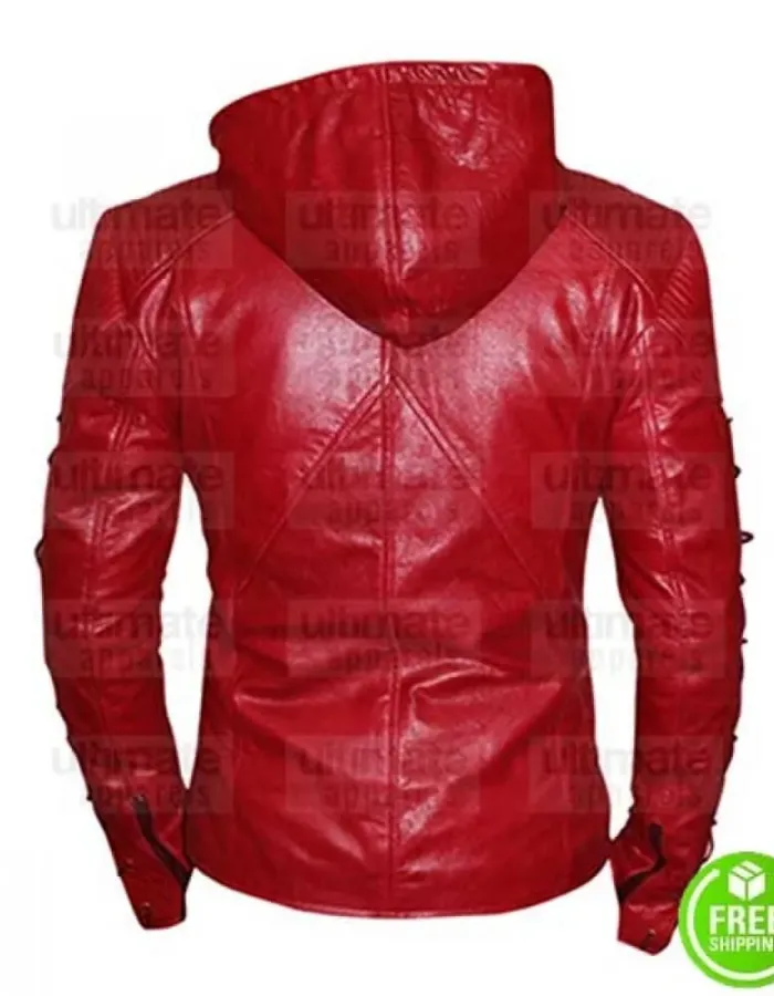 RED SLIM FIT HOODED LEATHER JACKET RED SLIM FIT HOODED LEATHER JACKET