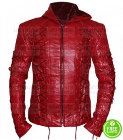 RED SLIM FIT HOODED LEATHER JACKET