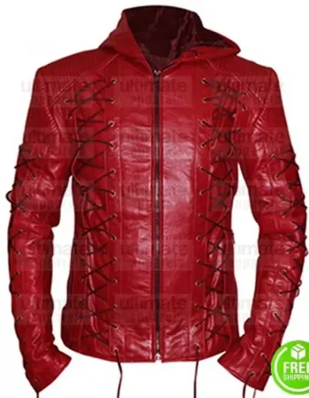 RED SLIM FIT HOODED LEATHER JACKET