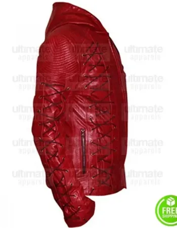 RED SLIM FIT HOODED LEATHER JACKET