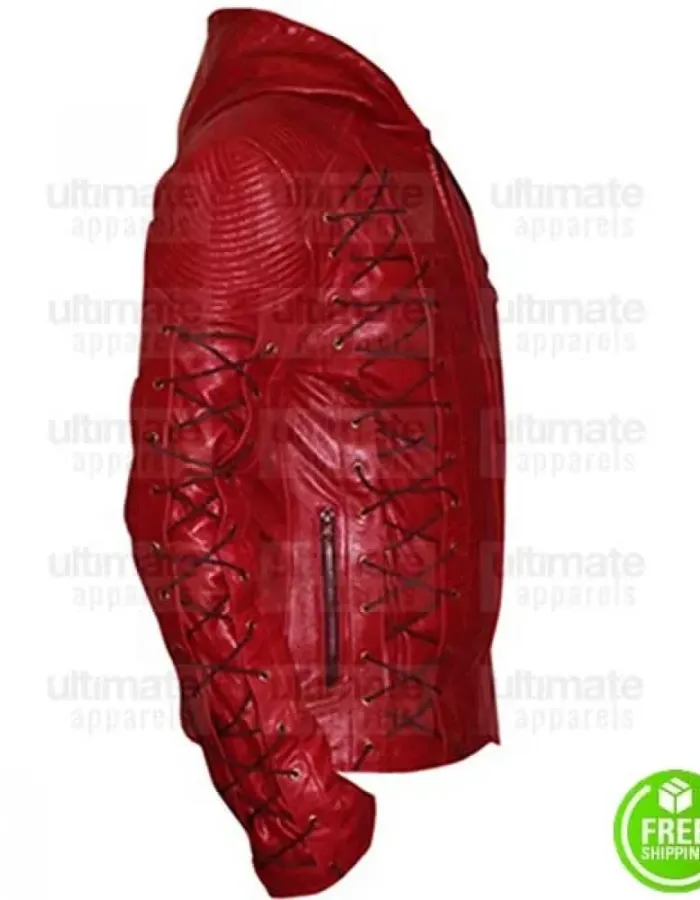 RED SLIM FIT HOODED LEATHER JACKET RED SLIM FIT HOODED LEATHER JACKET