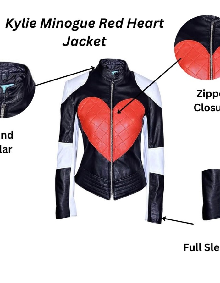 Kylie Minogue Red Heart Timebomb Black & White Motorcycle Jacket Kylie Minogue Red Heart Timebomb Black & White Motorcycle Jacket