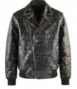 Pelle Pelle Style Men's Black Crocodile Embossed Studded Leather Jacket