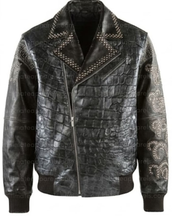 Pelle Pelle Style Men's Black Crocodile Embossed Studded Leather Jacket