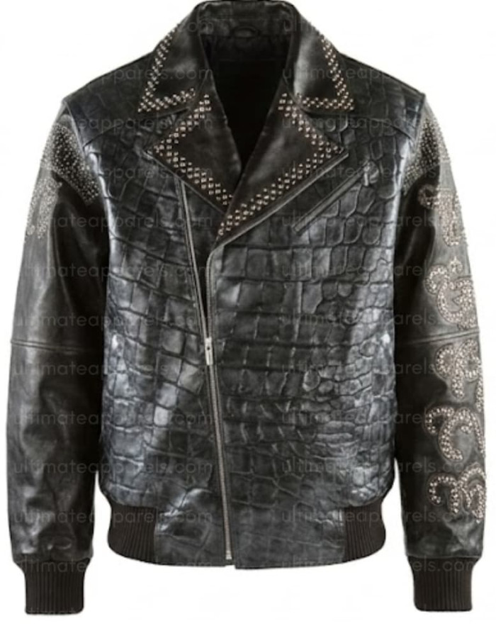 Pelle Pelle Style Men's Black Crocodile Embossed Studded Leather Jacket Pelle Pelle Style Men's Black Crocodile Embossed Studded Leather Jacket