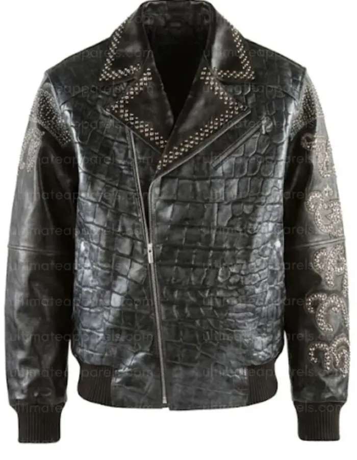 Pelle Pelle Style Men's Black Crocodile Embossed Studded Leather Jacket