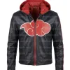 NARUTO AKATSUKI ITACHI UCHIHA BLACK HOODED LEATHER JACKET NARUTO AKATSUKI ITACHI UCHIHA BLACK HOODED LEATHER JACKET