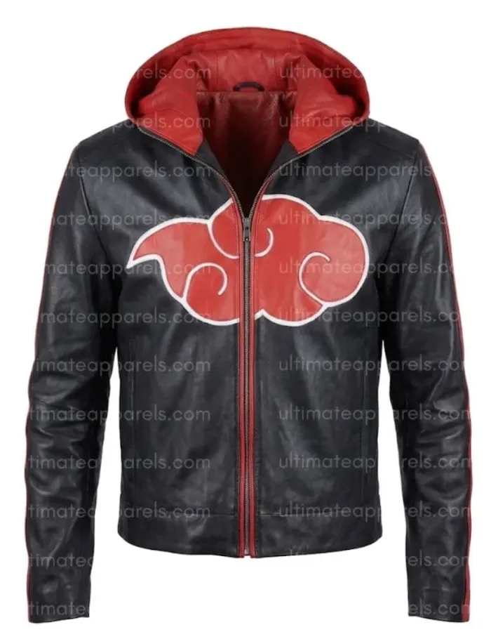 NARUTO AKATSUKI ITACHI UCHIHA BLACK HOODED LEATHER JACKET NARUTO AKATSUKI ITACHI UCHIHA BLACK HOODED LEATHER JACKET