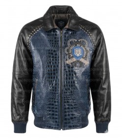 Pelle Pelle No Retreat No Surrender Blue Crocodile Embossed Leather Jacket