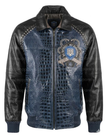 Pelle Pelle No Retreat No Surrender Blue Crocodile Embossed Leather Jacket