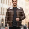 Men’s Genuine Lambskin Brown Bomber Jacket with Sherpa Collar Men’s Genuine Lambskin Brown Bomber Jacket with Sherpa Collar