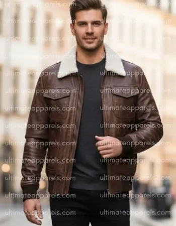 Men’s Genuine Lambskin Brown Bomber Jacket with Sherpa Collar