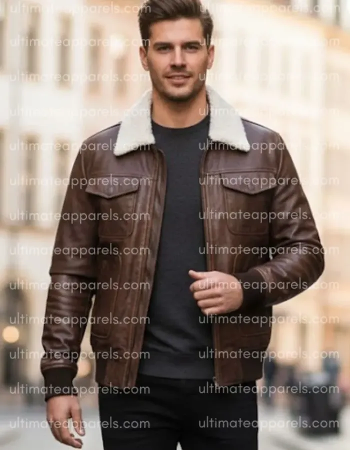 Men’s Genuine Lambskin Brown Bomber Jacket with Sherpa Collar Men’s Genuine Lambskin Brown Bomber Jacket with Sherpa Collar