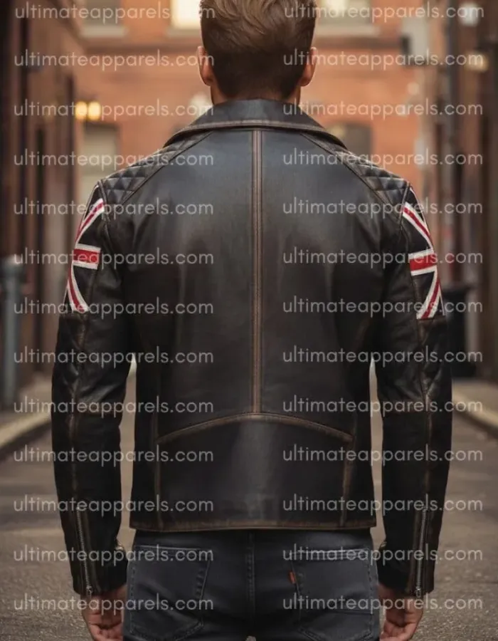 Uk Flag Union Jack Brown Distressed Quilted Leather Jacket