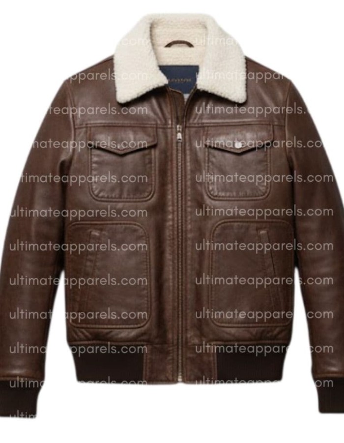 Men’s Genuine Lambskin Brown Bomber Jacket with Sherpa Collar Men’s Genuine Lambskin Brown Bomber Jacket with Sherpa Collar